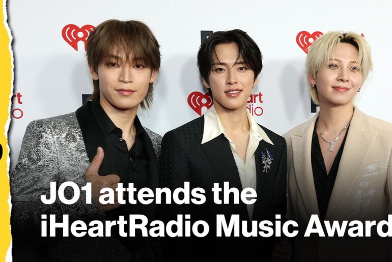 Yonashiro Sho, Kono Junki, and Kawashiri Ren of JO1 attend the 2026 iHeartRadio Music Awards